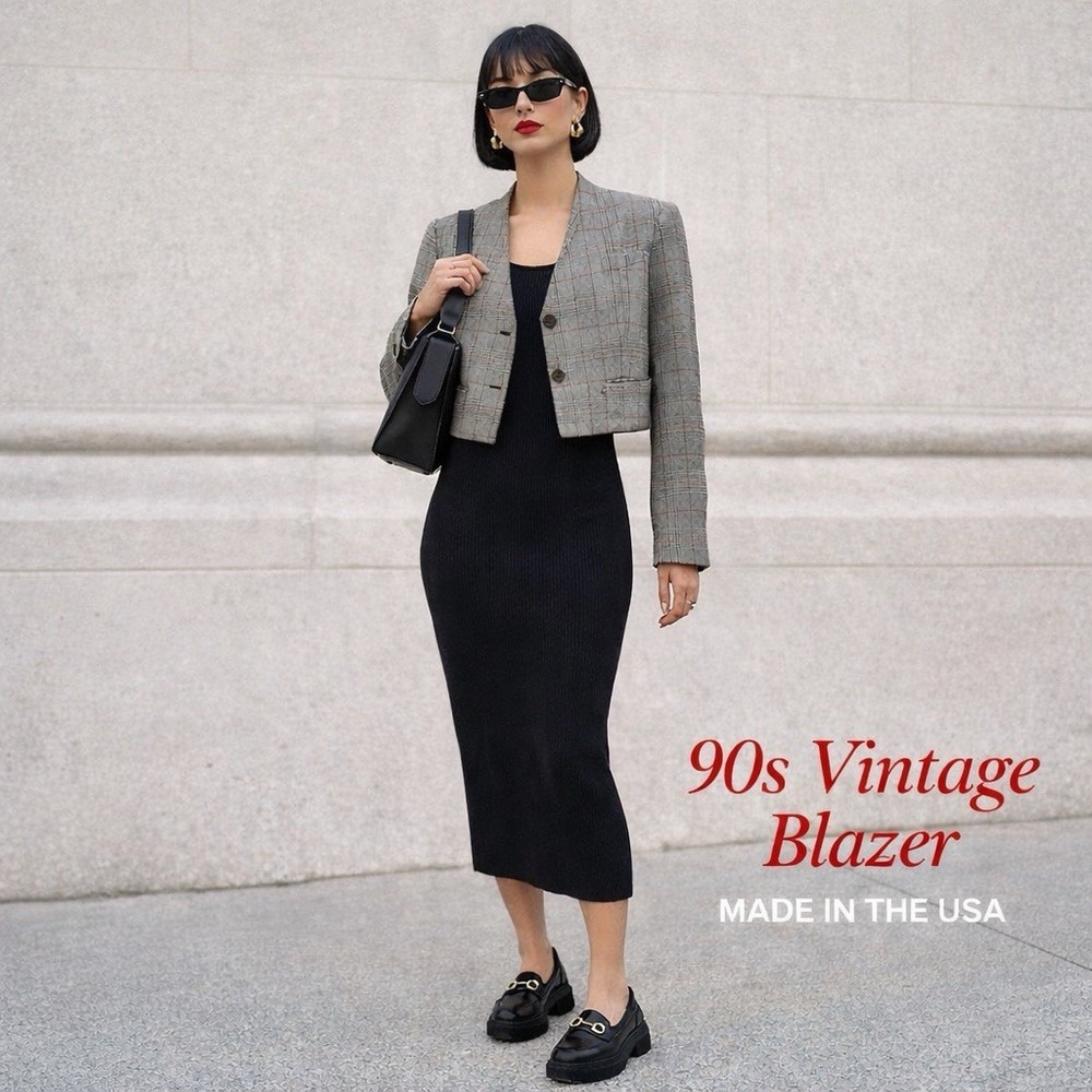 Russ Vintage 90s Cropped Plaid Blazer Gray Office Siren Made in USA Size L Plaid